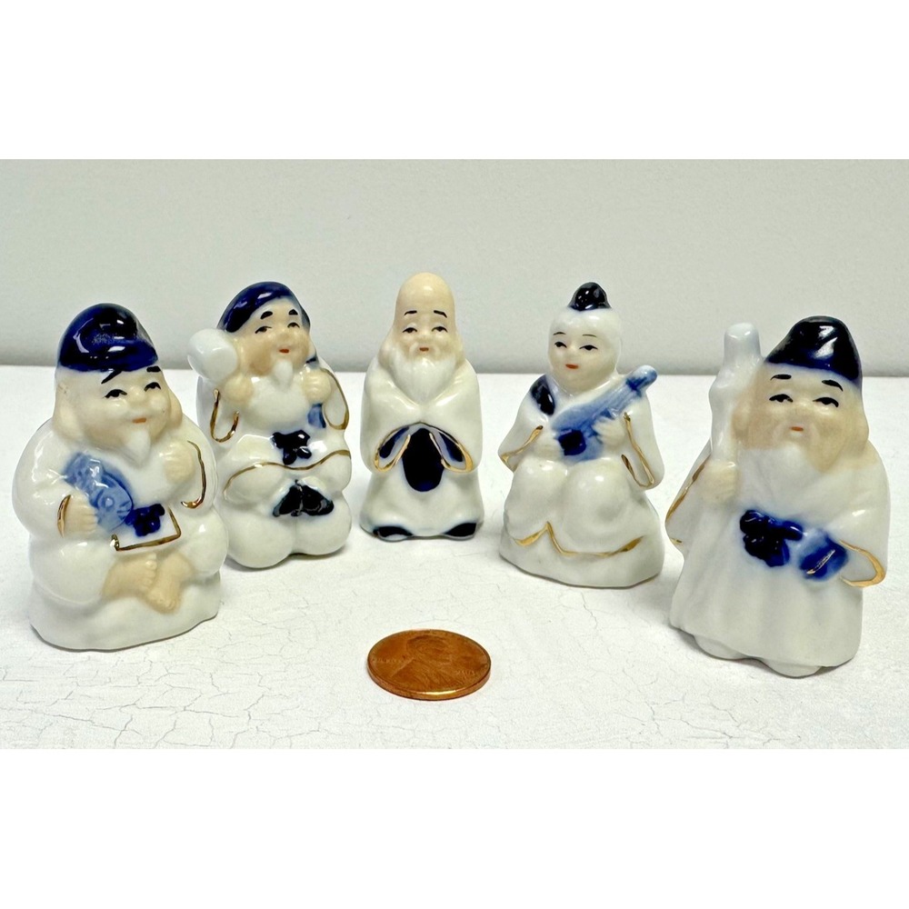 VTG Miniature Japanese Ceramic Figurine Set (5) Lucky Gods Porcelain‎ Blue White